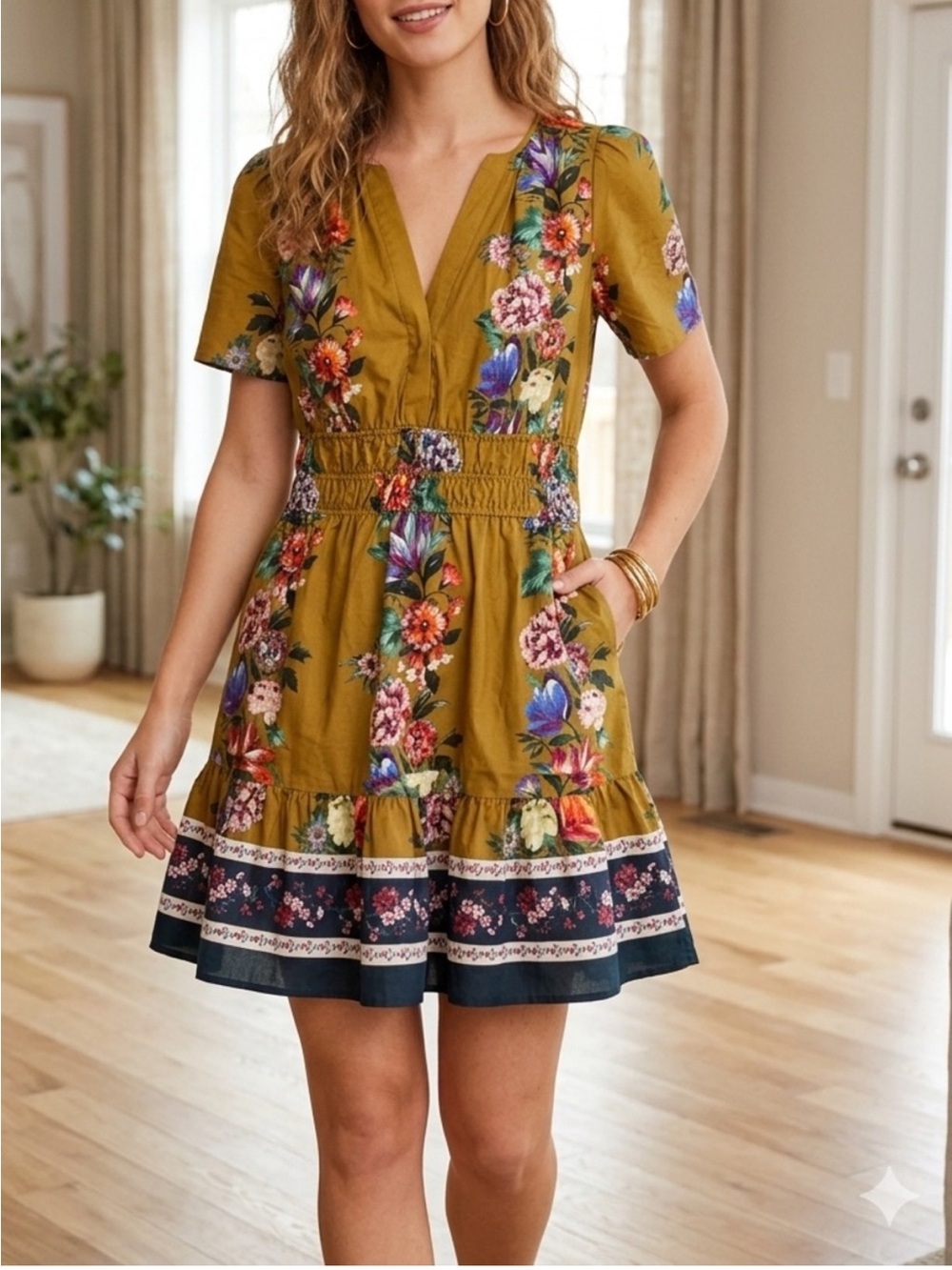 Anthropologie The Somerset Mini Dress Olive Green Floral with Pockets Size Large